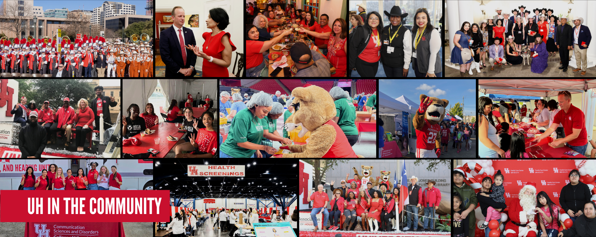 UH In the Community with various photos showing the Office of Government and Community Relations community involvement 